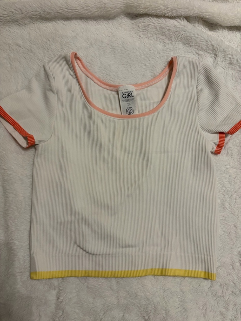 Athleta White Ribbed Tee with Pink, Orange & Yellow Trim - Girls